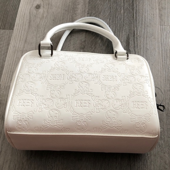 Ed Hardy White Faux Leather Satchel Embossed Skull & Rhinestones Bag Charm NWT - Picture 10 of 16